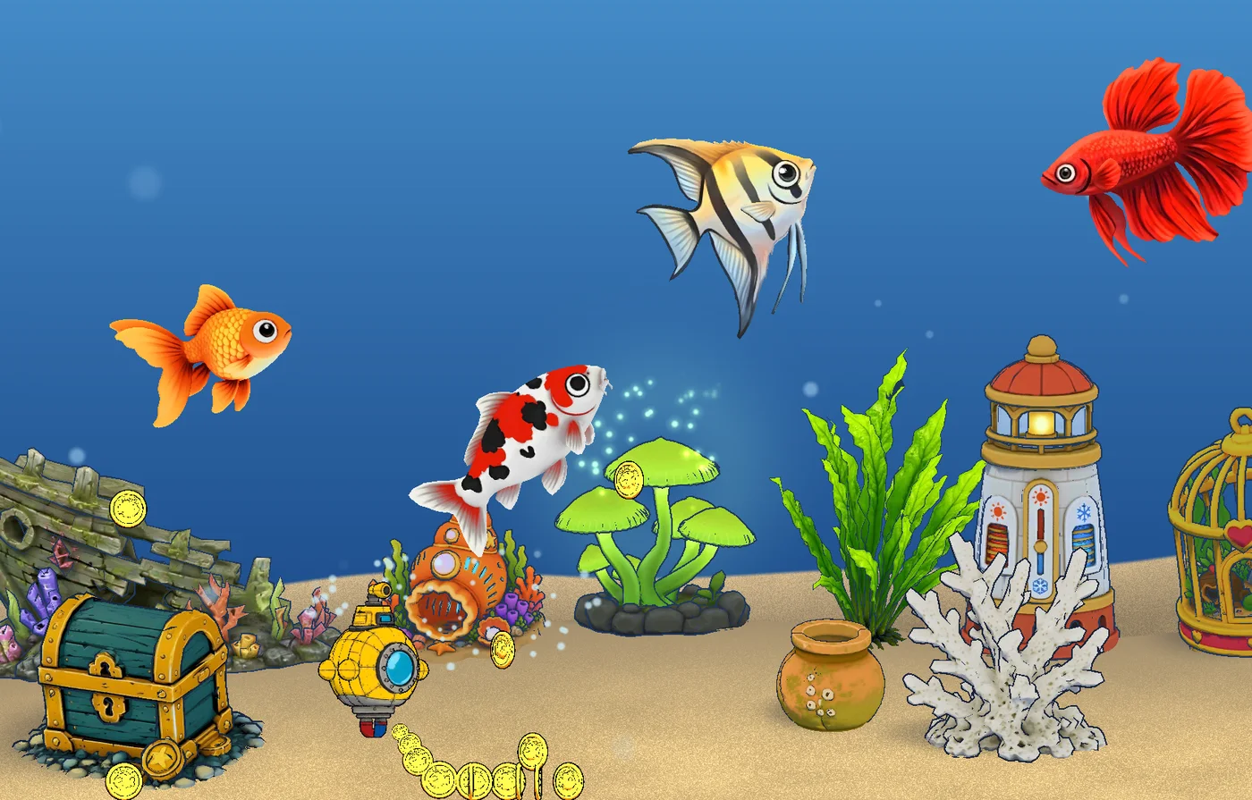 An aquarium with an angelfish, goldfish, koi and betta swimming over a shipwreck, treasure chest and coral